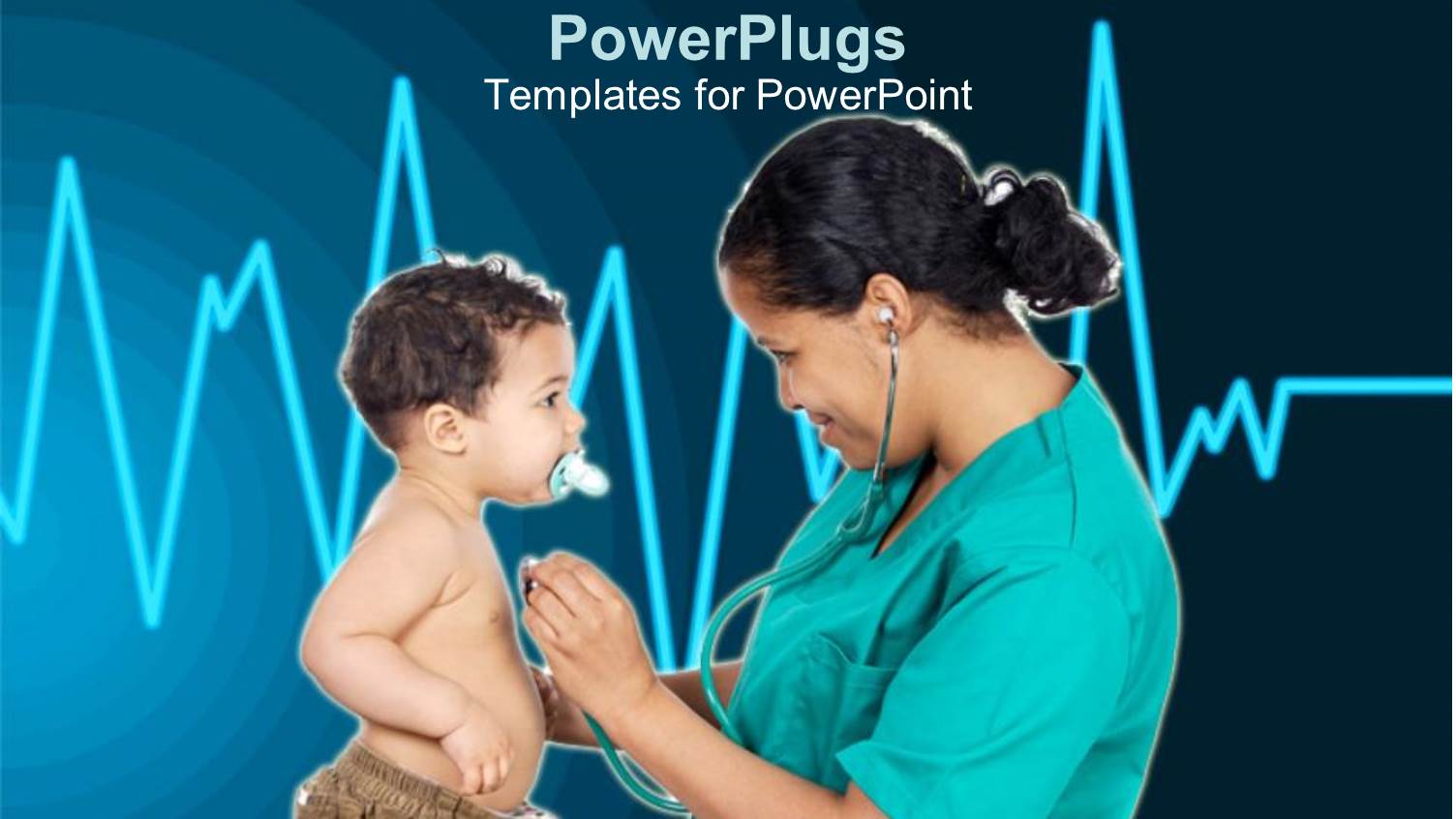 Nurse Examining Heartbeat of little Boy with Cardiogram Pulse in Background