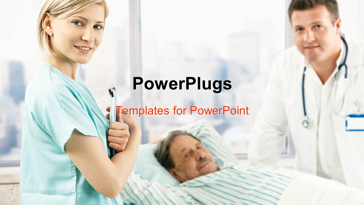 Nurse Holding a Patient Sheet, Doctor and Patient Smiling at the Camera with Window Displaying a City View in the