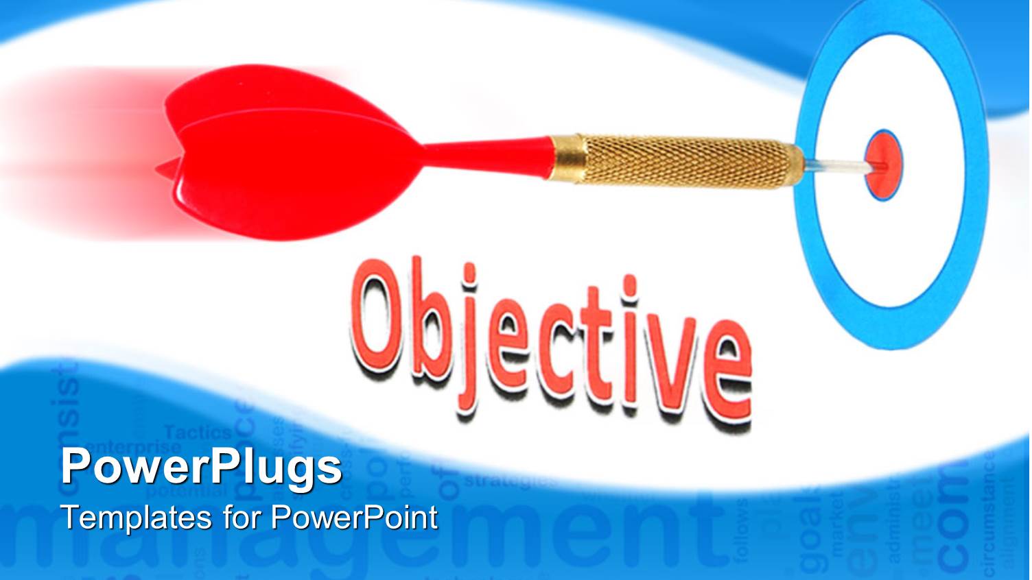 Objective with Red Dart Hitting Bulls Eye on Target, Blue Business Word Background