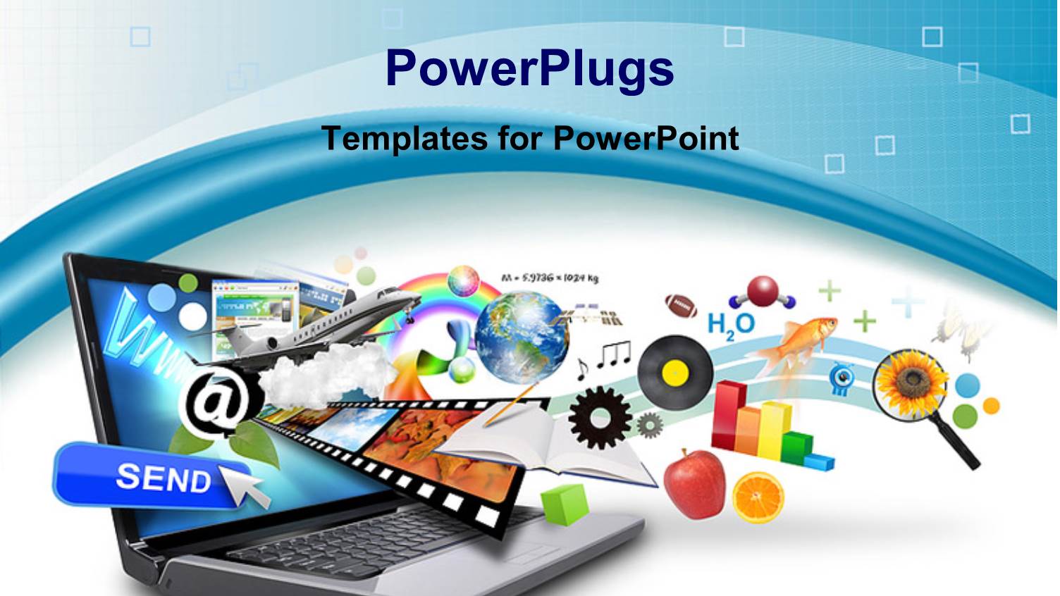Objects like Email, Earth, Film Strip, Bar Graph, Internet Research Projecting Out of the Laptop Screen