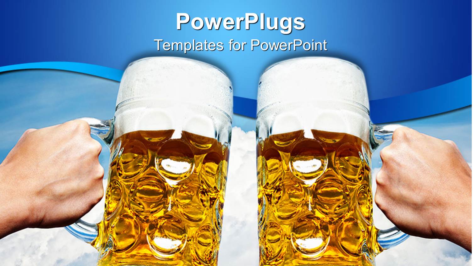 Oktoberfest Beer Stein Cups Toasting on Blue and White Sky Cloud Background