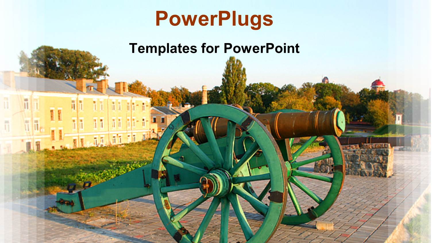 Old Mechanical Gun on Fortress Wall with Mansion in Background