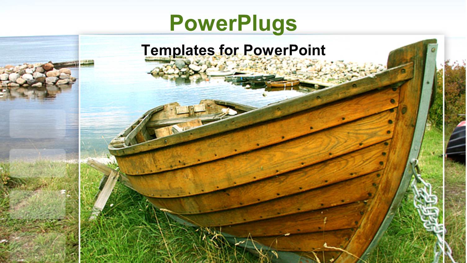 Old Wood Boat on Grass, Water Rock Harbor Background