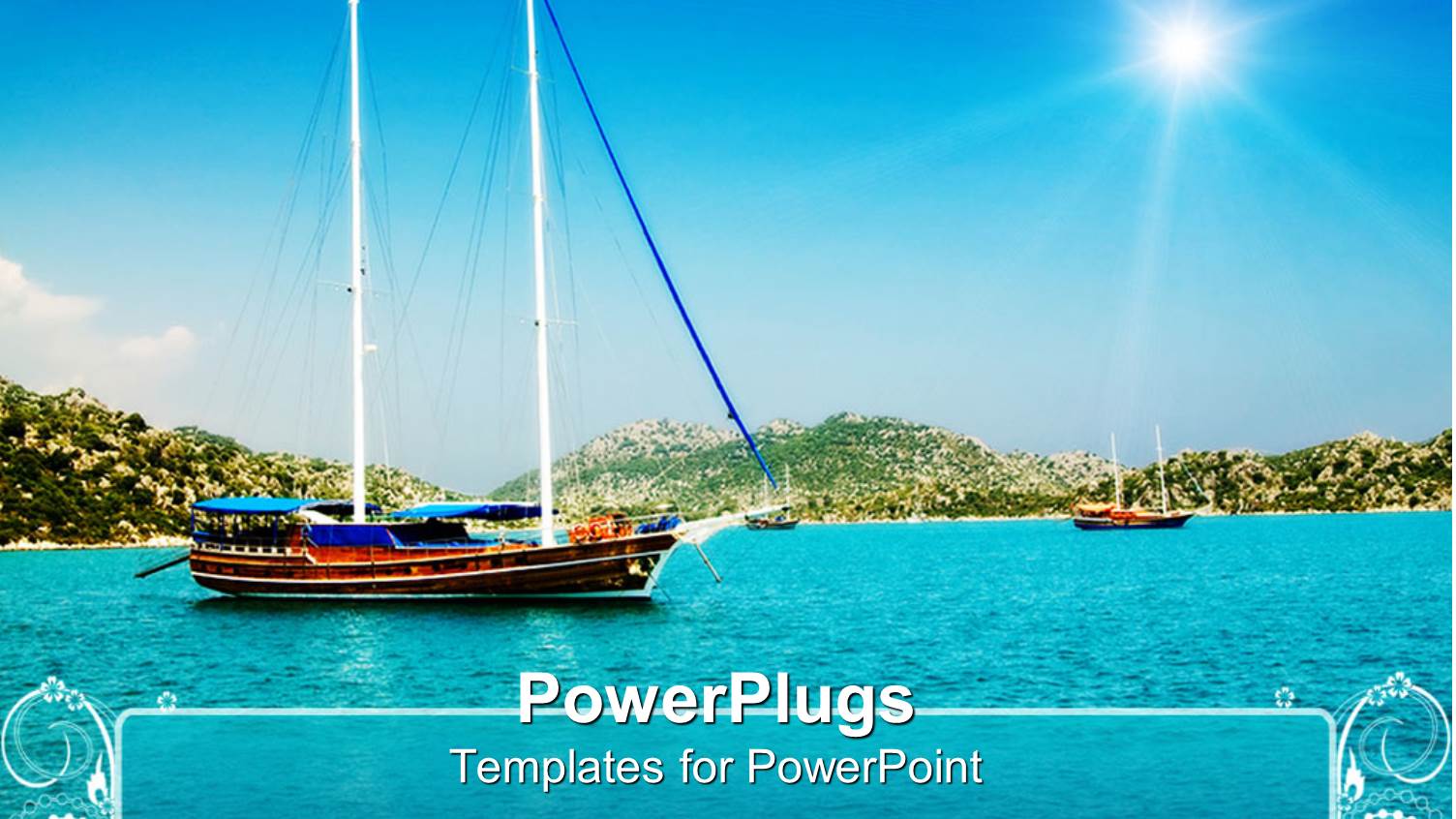 Old Yacht Sailing in Blue Ocean with Blue Skies