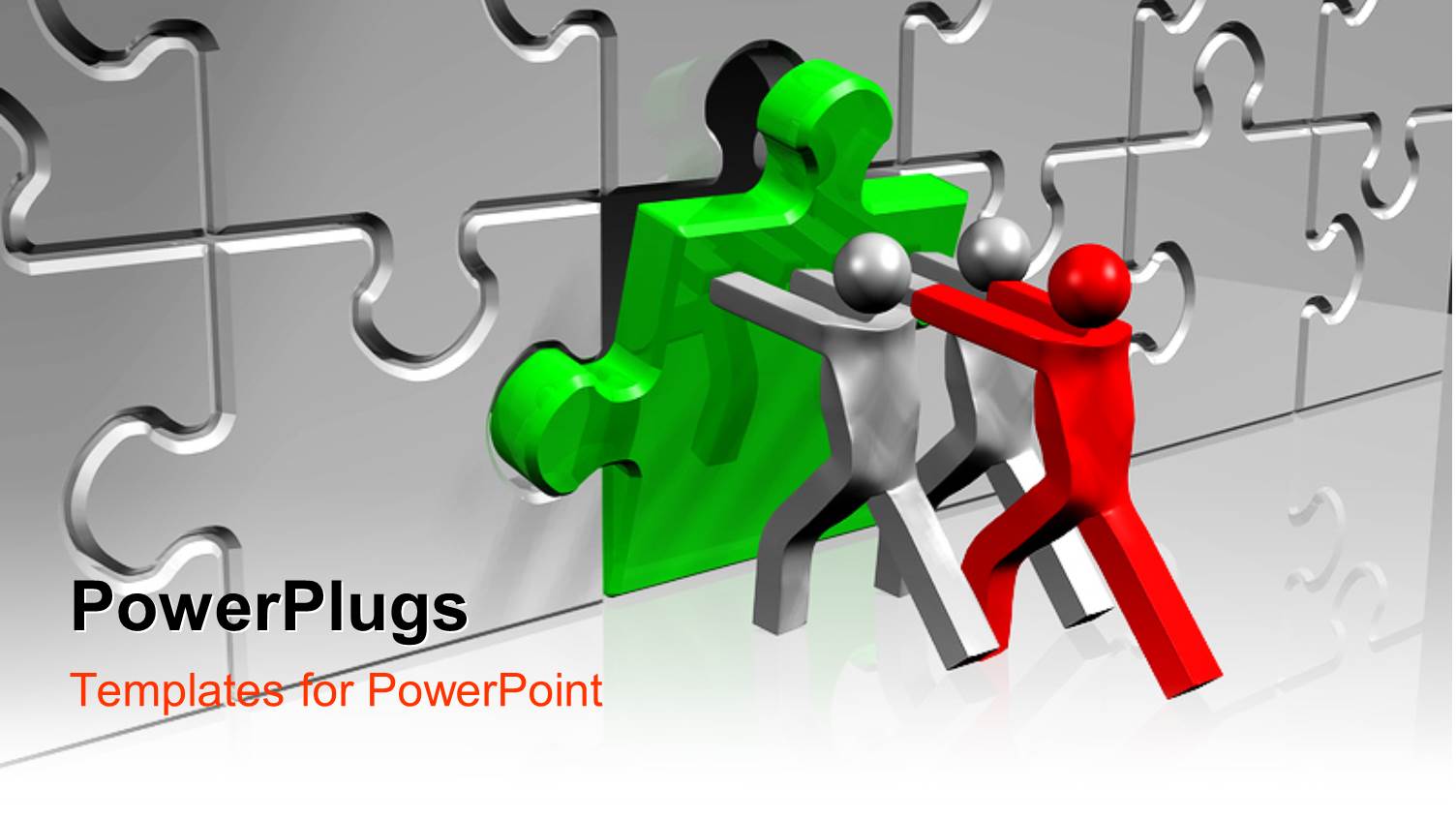 One Red and Two Silver Figures Pushing Green Puzzle Piece into Place