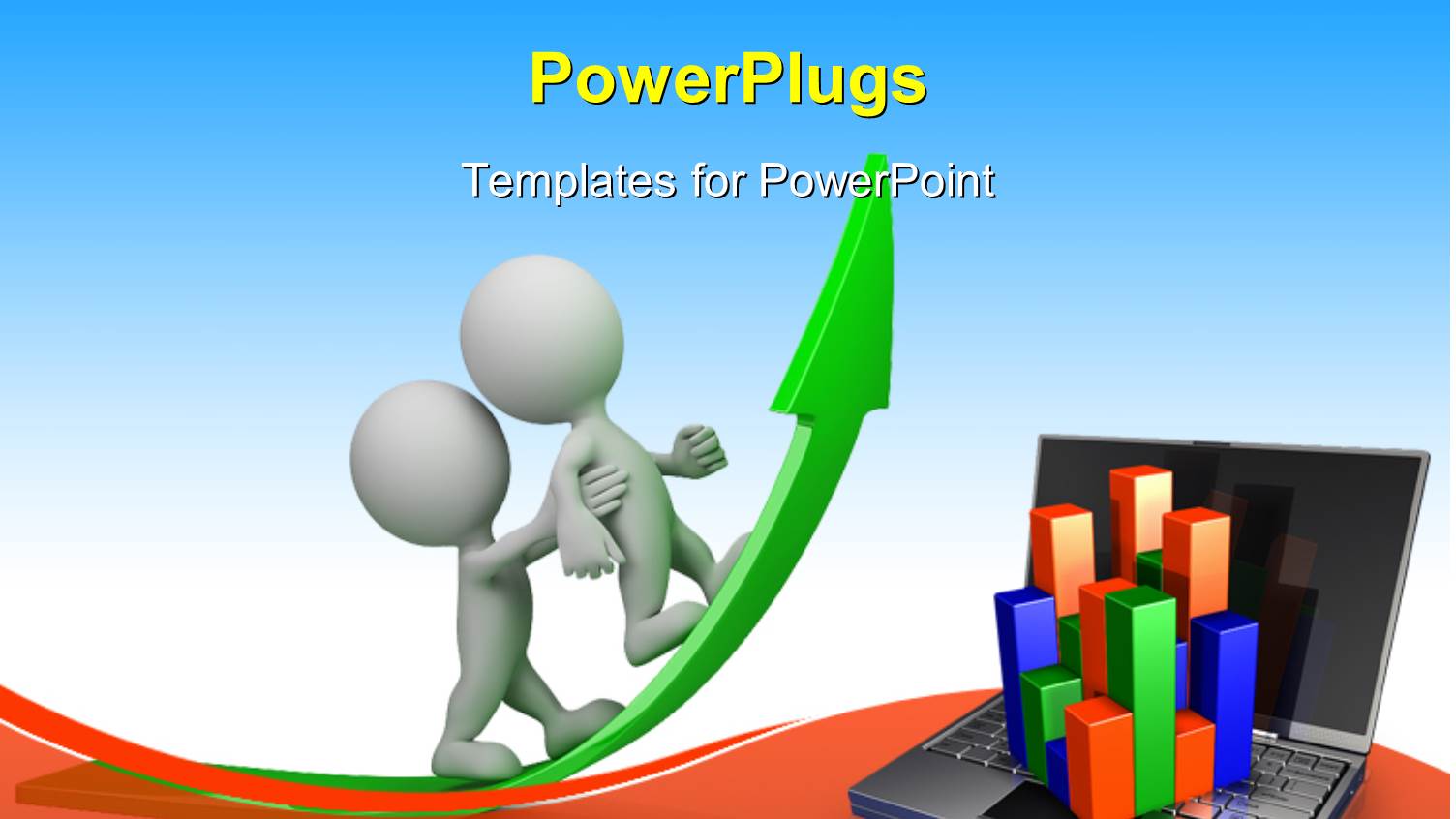 One White Figure Helping Second Climb Upward Green Arrow Above Open Laptop with Business Charts