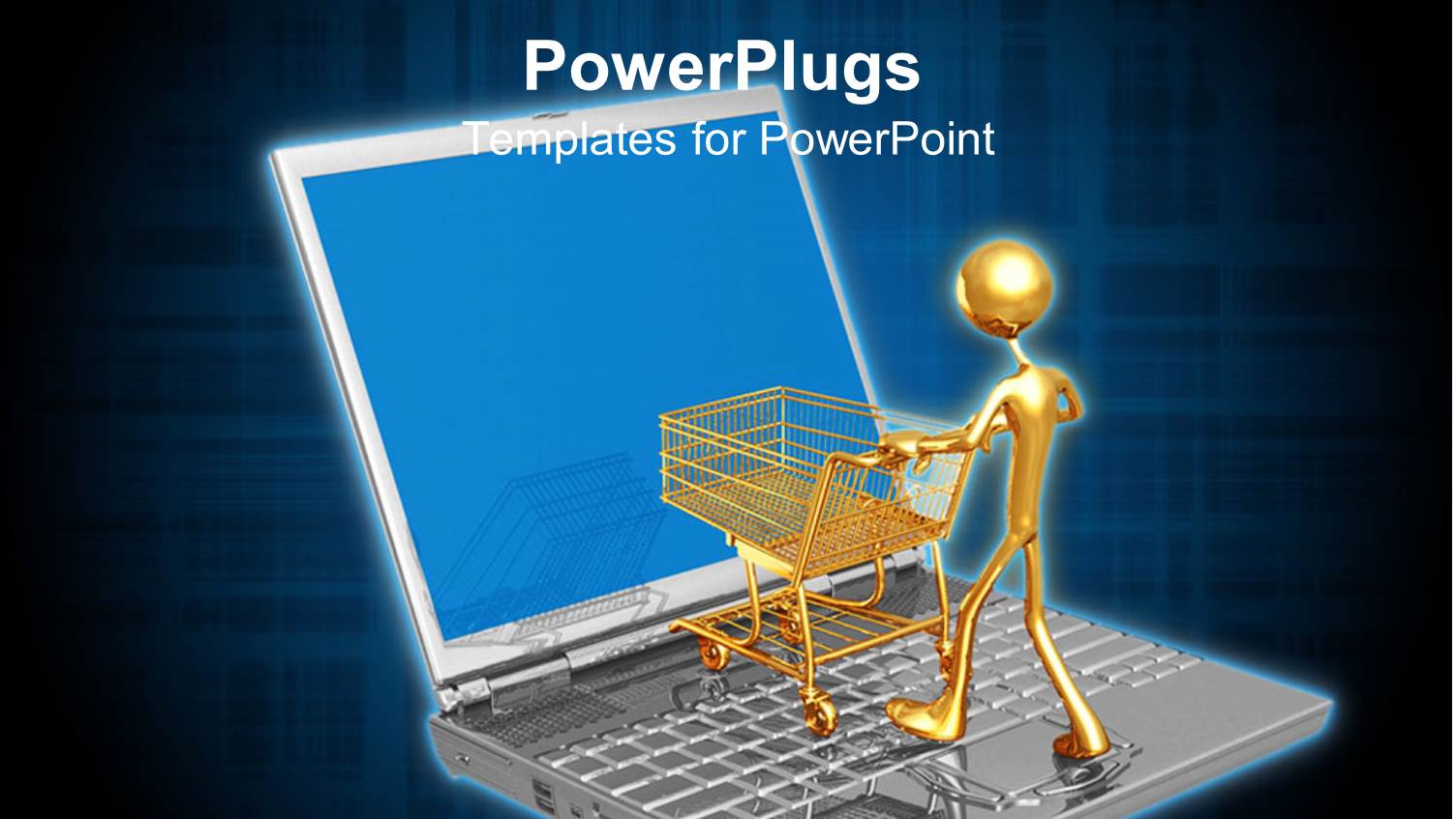 Online Shopping E-Commerce with Laptop, Gold Man, Shopping Cart