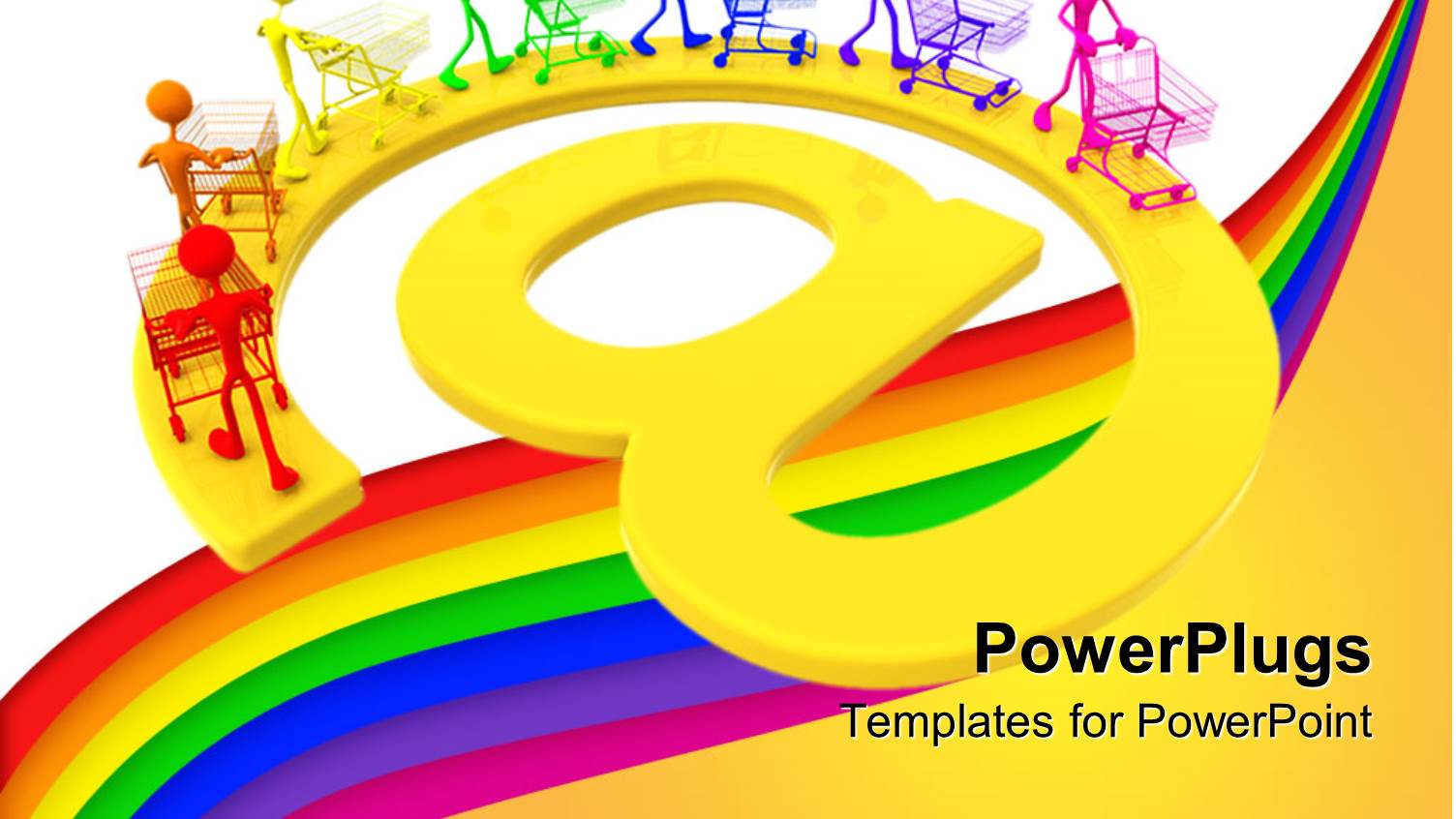 Online Shopping Metaphor with Rainbow People Pushing Shopping Carts on @ Symbol, E Commerce