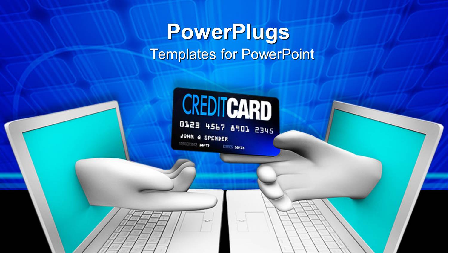 Online Shopping Theme with Two White Laptops Facing Each other and Hand Coming from Screen One Hand Handing Credit Card