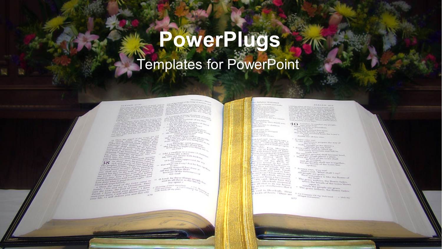 Open Bible with Golden Bookmark on Altar with large Flower Bouquet