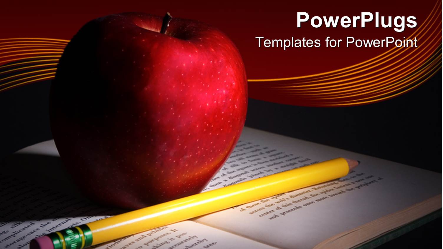 Open Book with Yellow Pencil and Red Apple in Dark Background