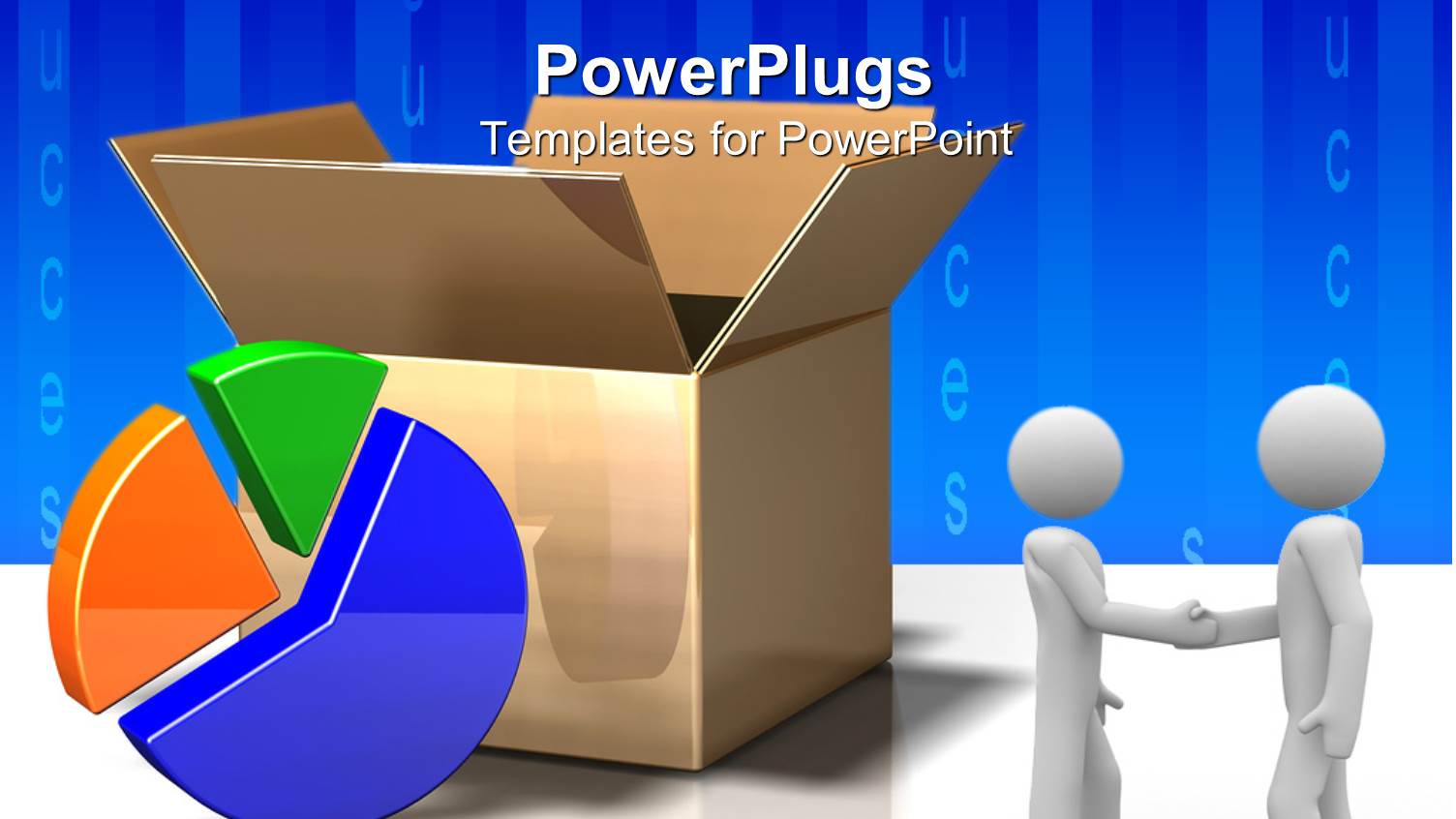 Open Cardboard Box Next to Pie Chart and Two Men Shaking Hands