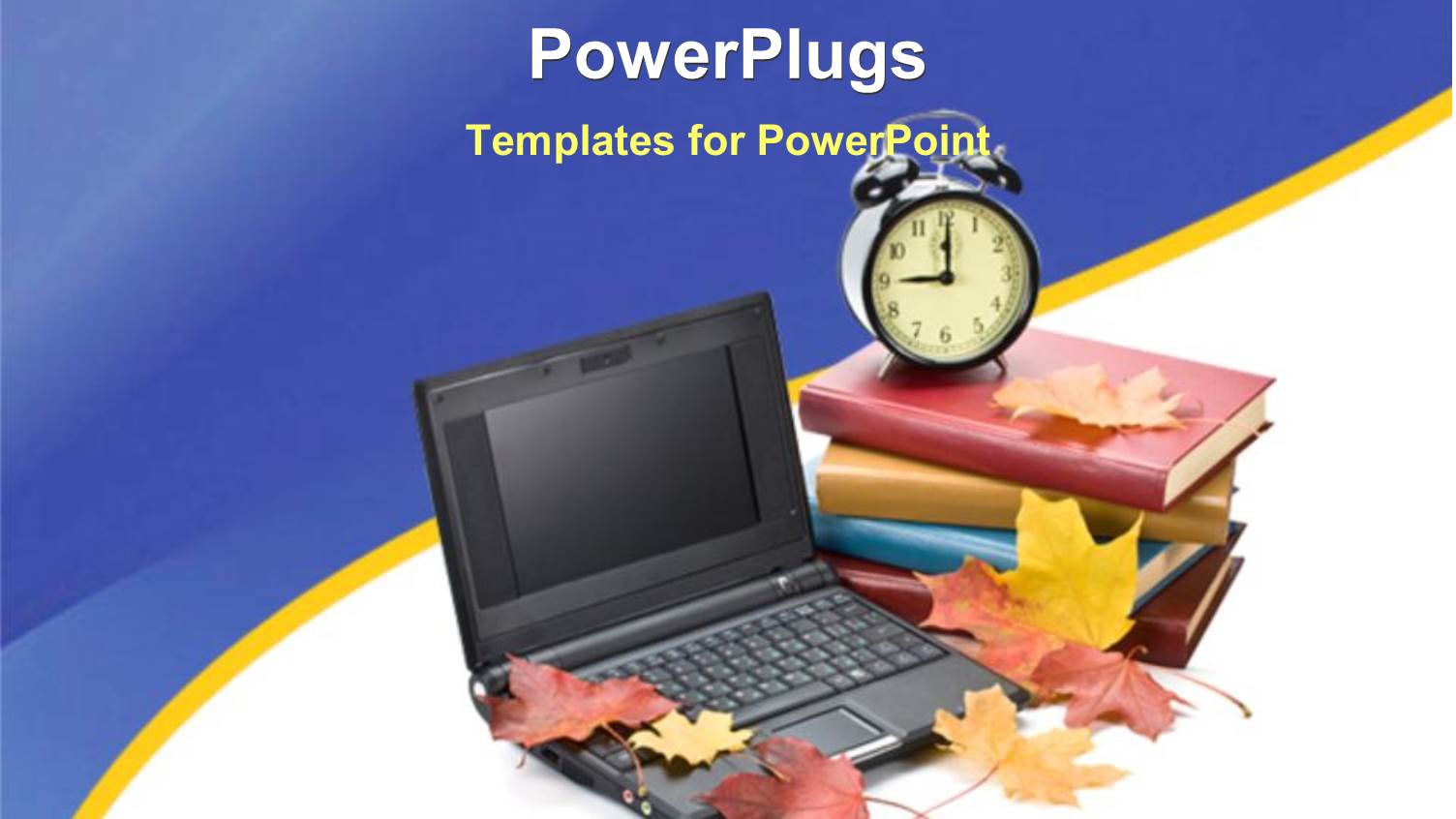 Open Laptop with Autumn Leaves Next to Alarm Clock on Stack of Books