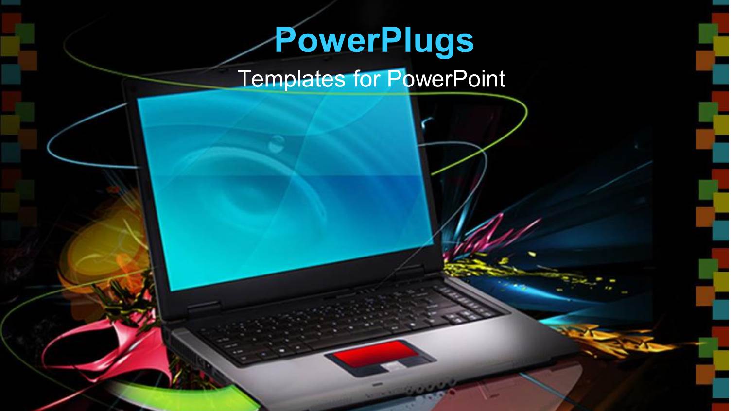 Open Laptop with Blue Screen on Glossy Colorful Reflective Surface Black Background