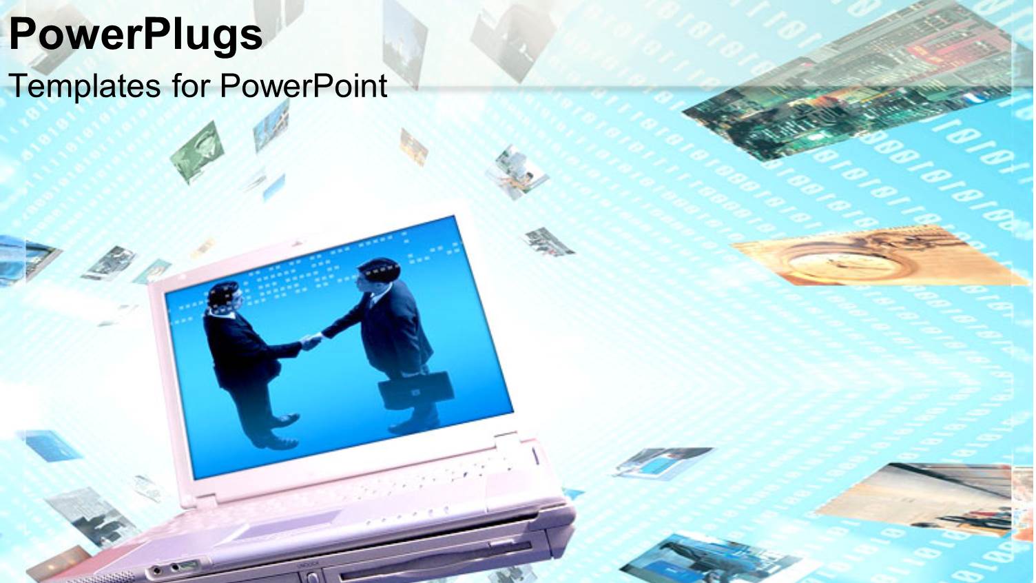 an Open Laptop with a Man and a Woman Shaking Hands with some other Images