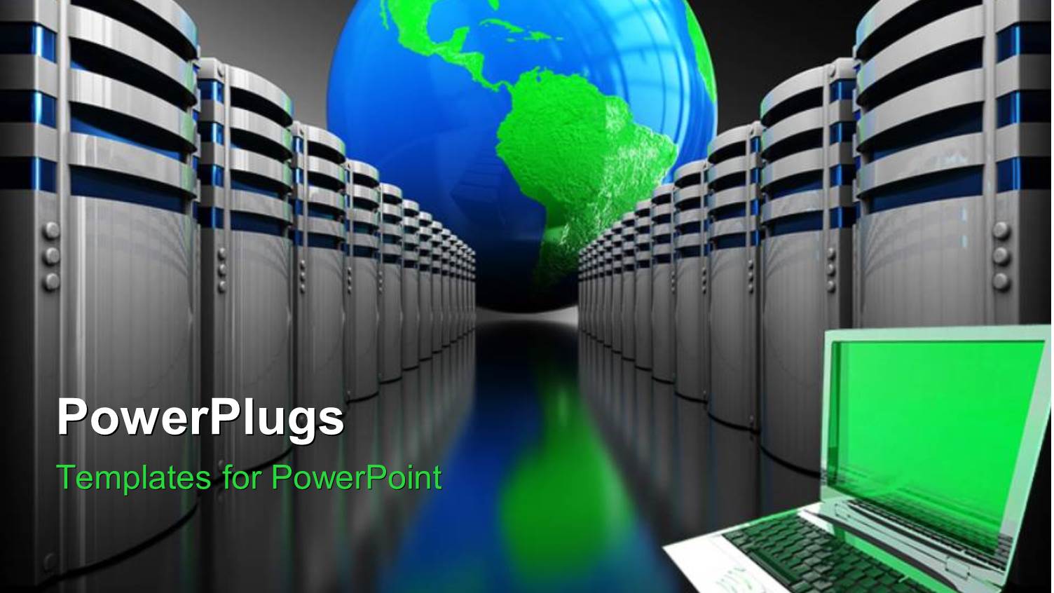 Open Laptop Next to Rows of Servers in Front of Blue and Green Globe