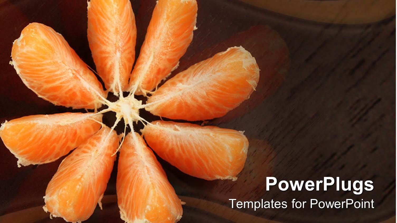Open Orange Slices on Wooden Reflective Surface, Brown Background
