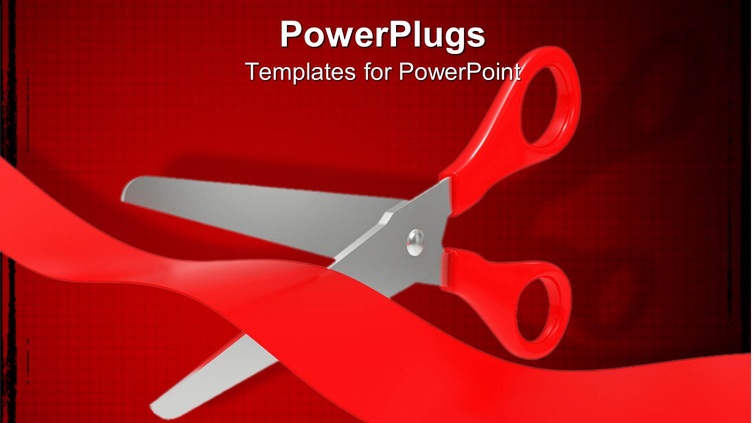 Open Scissors Cutting a Waving Red Tape on Square Patterned Red Background