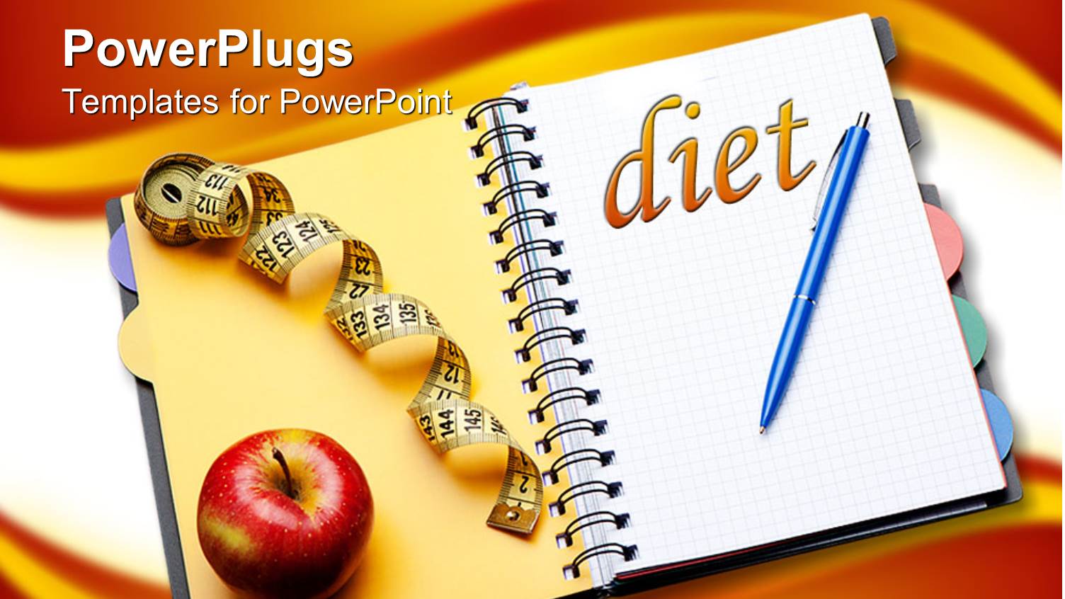 Opened Notebook with Word Diet Written on White Page, a Pen, Red Apple and Yellow Measuring Tape