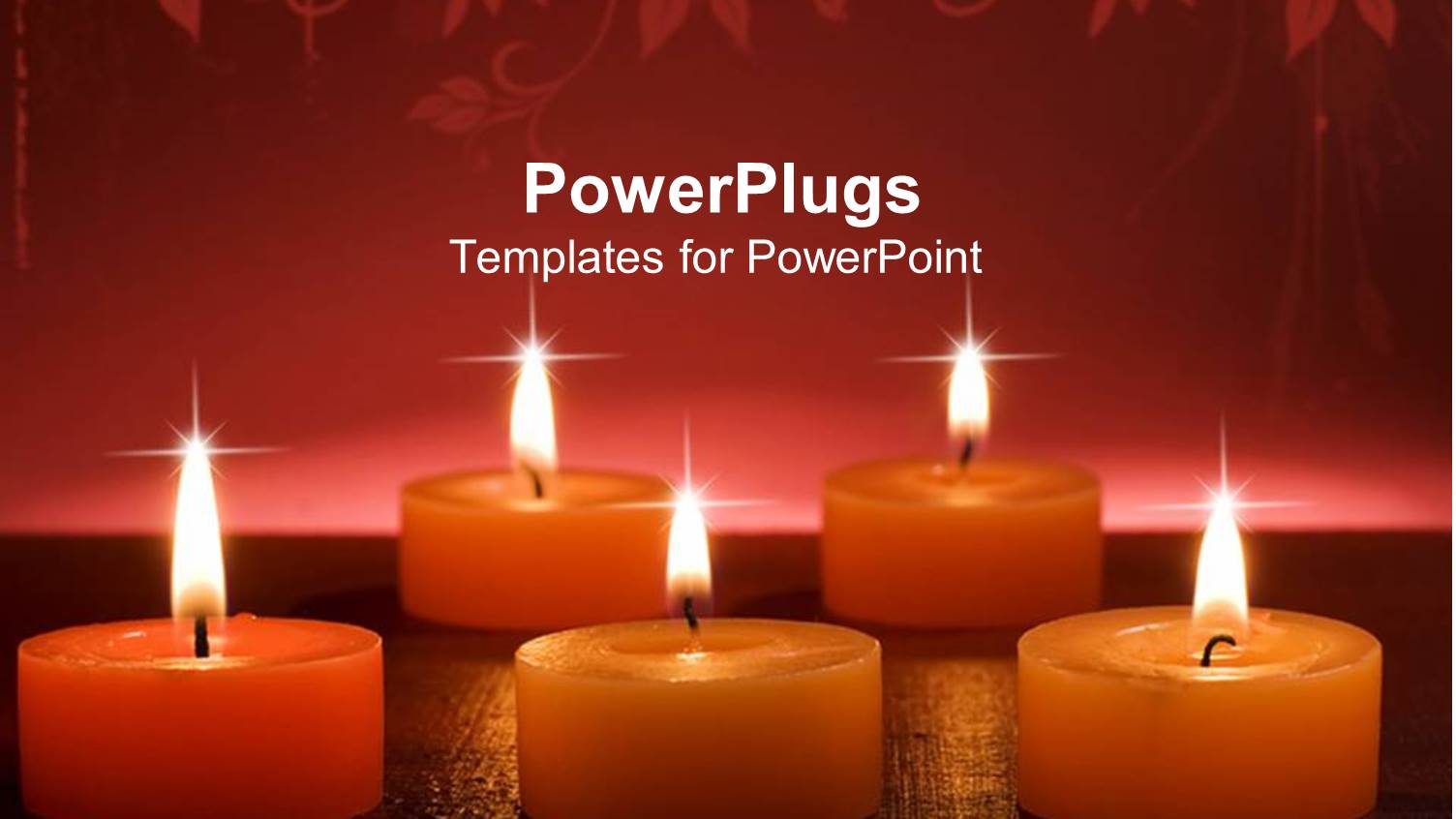 Orange Aromatic Burning Candles on Golden Glowing Surface and Abstract Floral Pattern on Top of Red Background