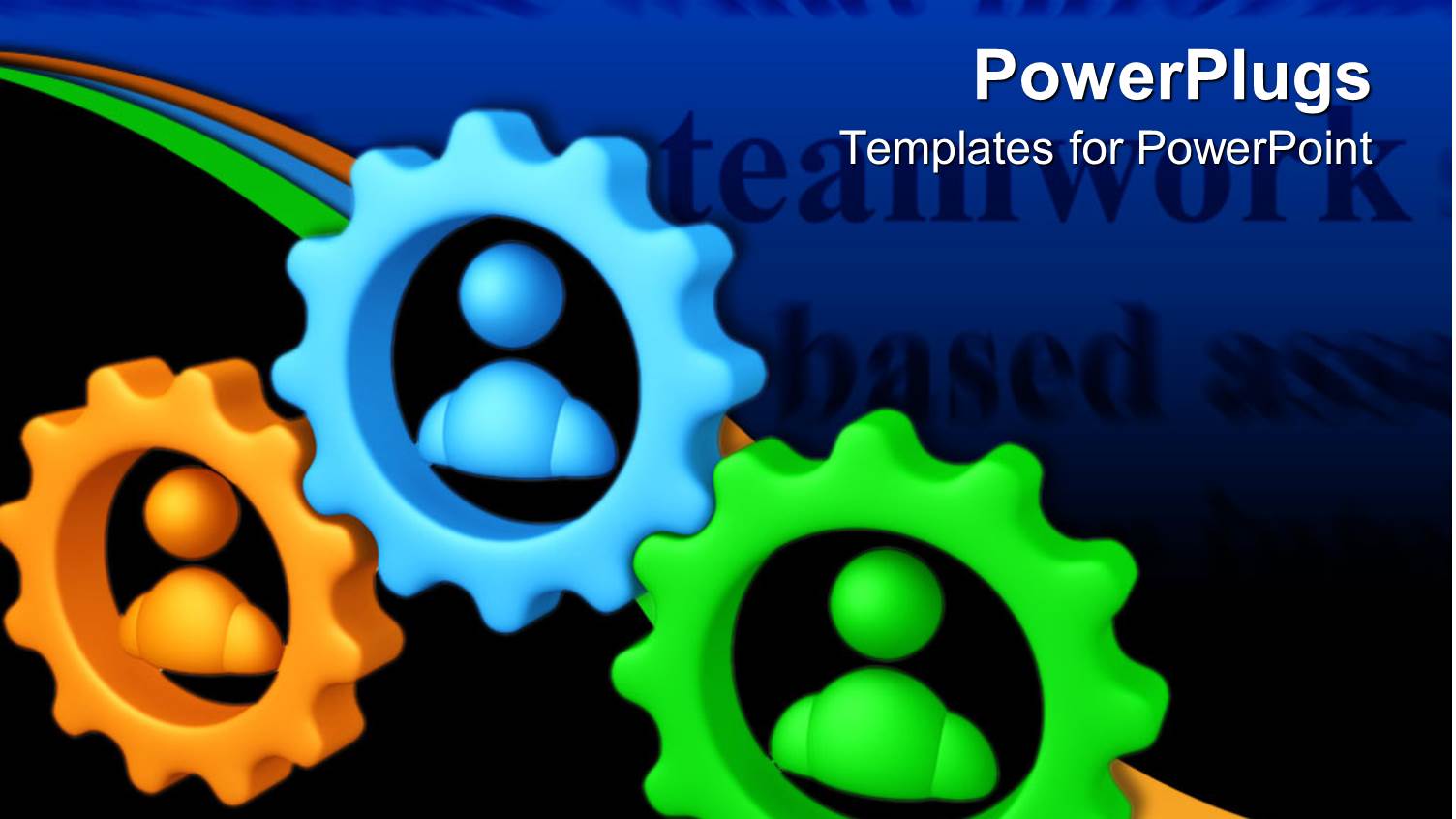 Orange, Blue, and Green Meshed Gears with Figures in Center, Teamwork