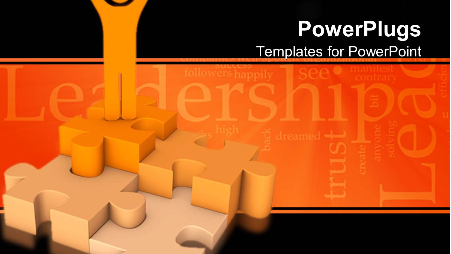 Orange Figure in Victory Pose Standing on Three Dimensional Jigsaw Puzzle