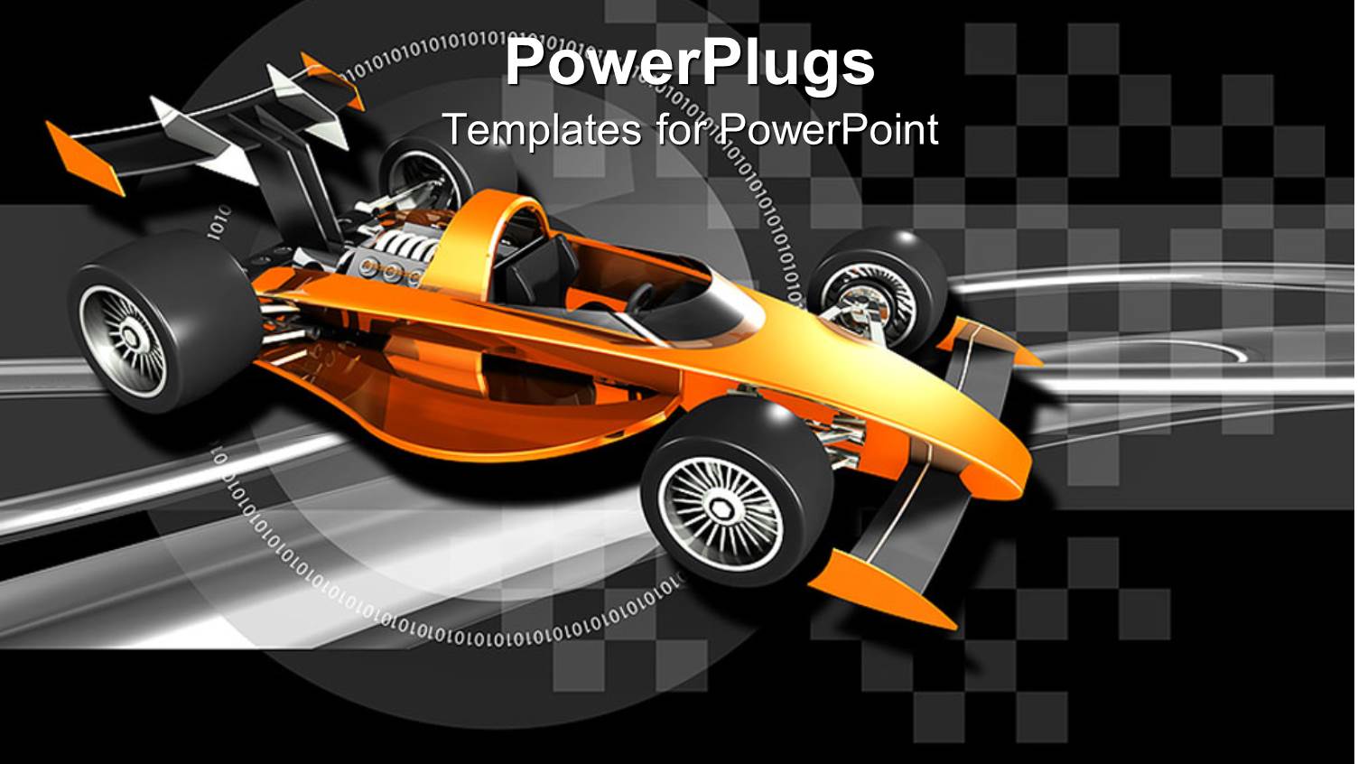 Orange Race Car with Black and Silver Checkered Background