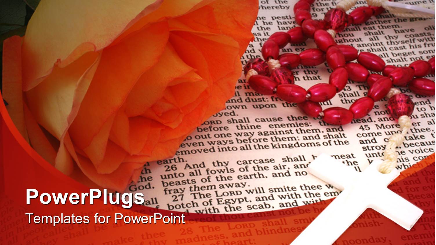 Orange Rose and Rosary on Open Bible