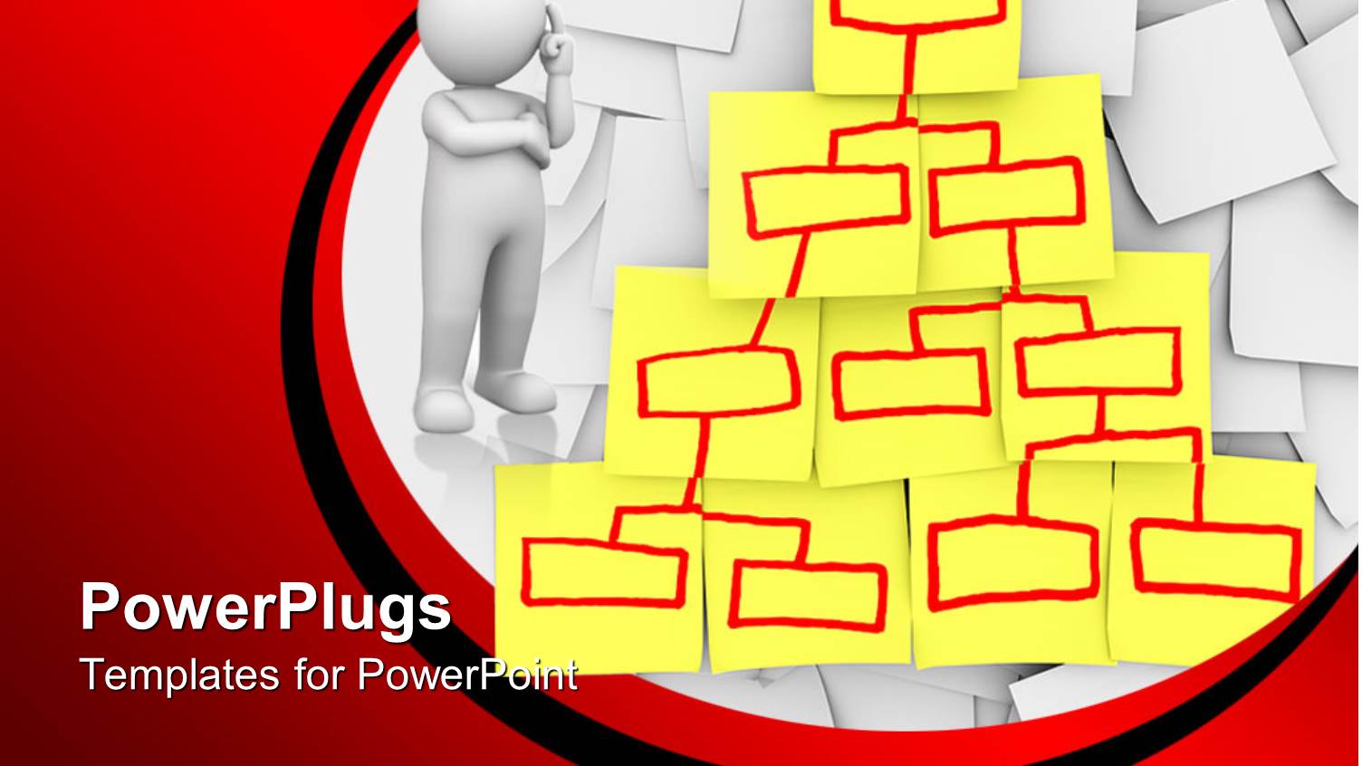 Organizational Chart Diagram on Yellow Sticky Notes with Red Marker and White 3D Figure Thinking
