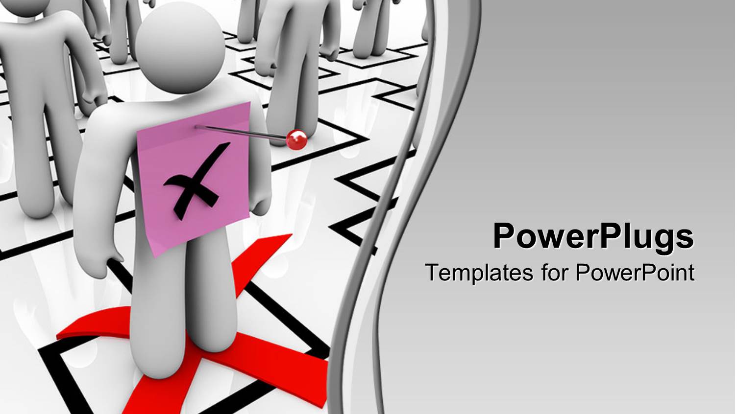 Organizational Chart with White 3D Figures and One Figure with Pink Sticky Note and X Letter Pinned to his Back