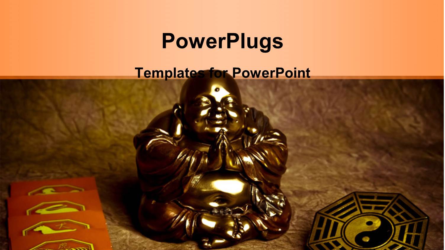 Oriental Coins and Religious Symbols Around Statue of Praying Buddha