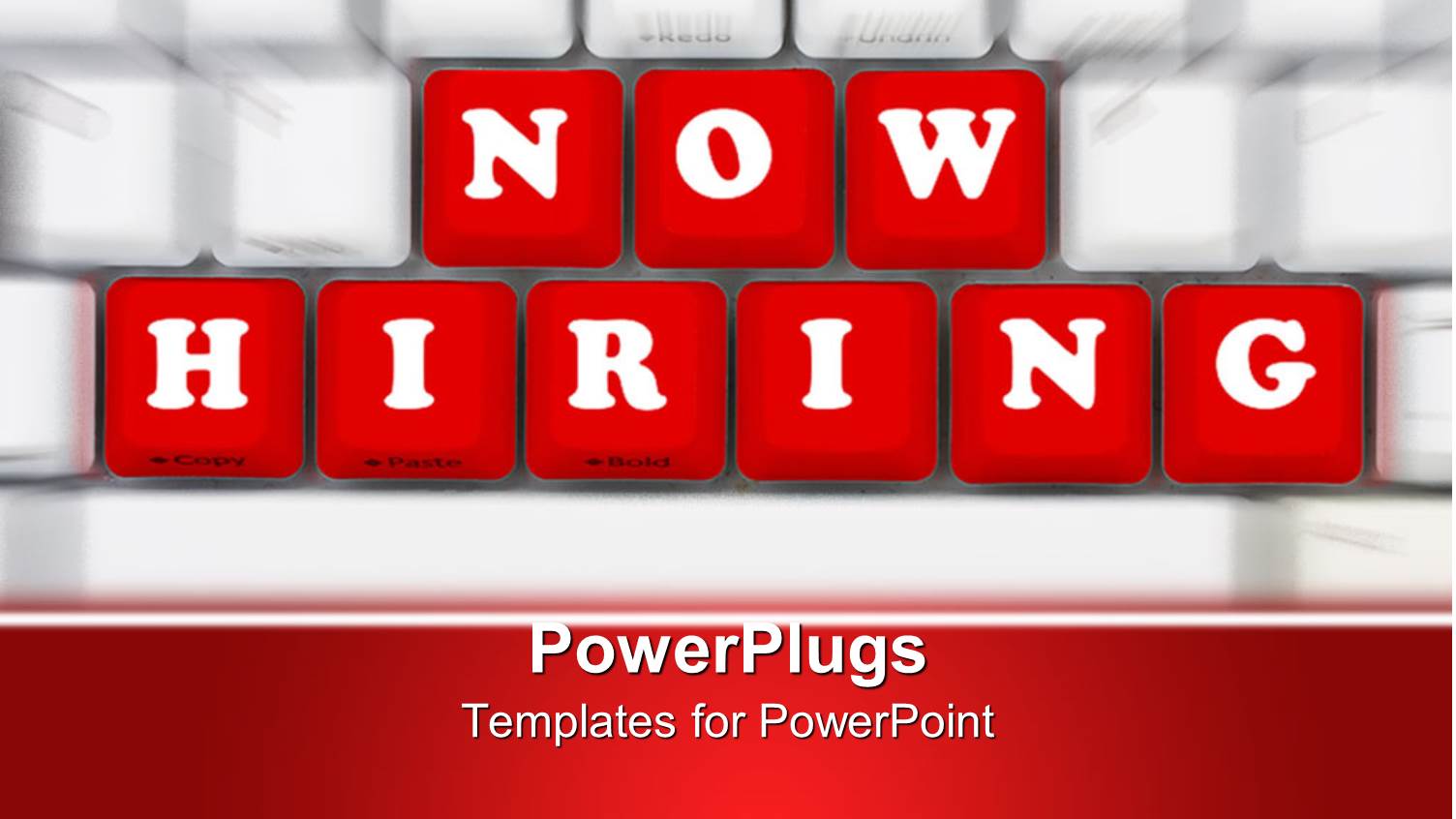 Out of Focus White Computer Keyboard with Sharply Focused Red Keys Spelling Now Hiring