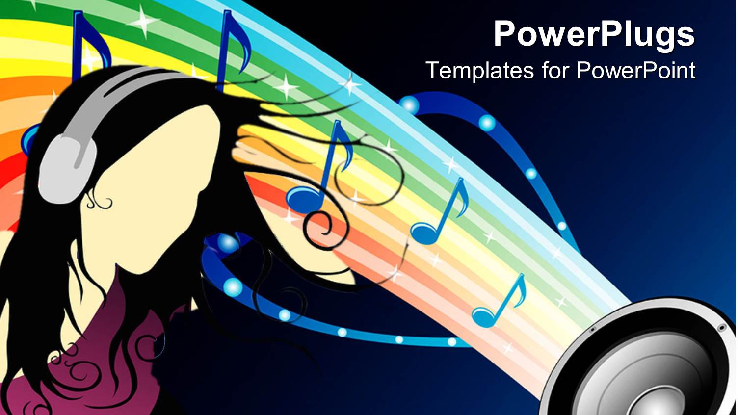 Outline of Woman Wearing Headphones on Rainbow Background with Musical Notes