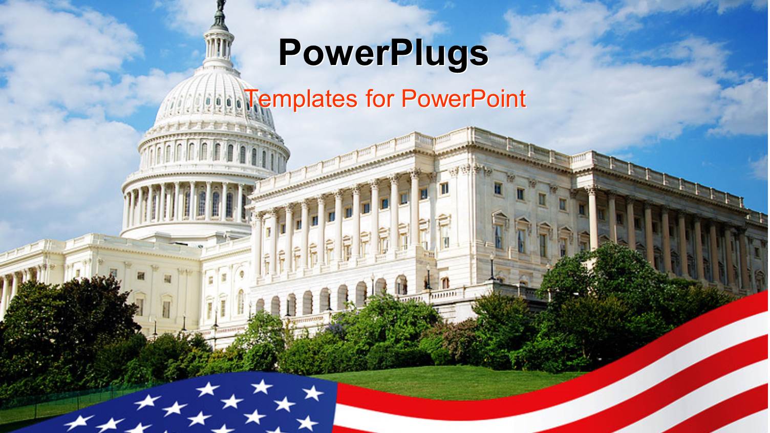 Outside View of us Capitol Building with Blue Sky, White Clouds, Landscaping, and American Flag