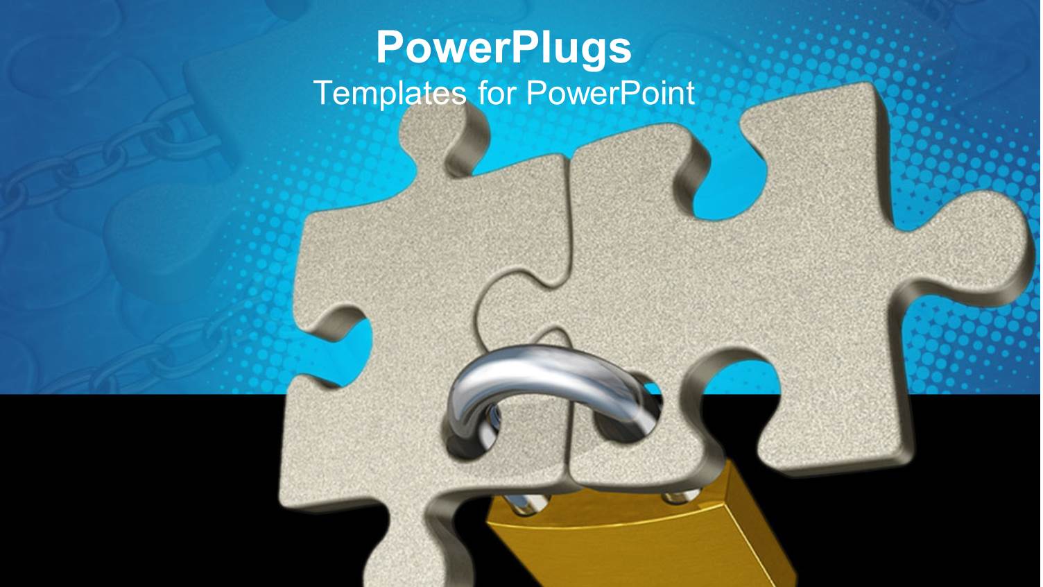 Padlock Holding Two Pieces of Jigsaw Puzzle Together on Blue and Black Background