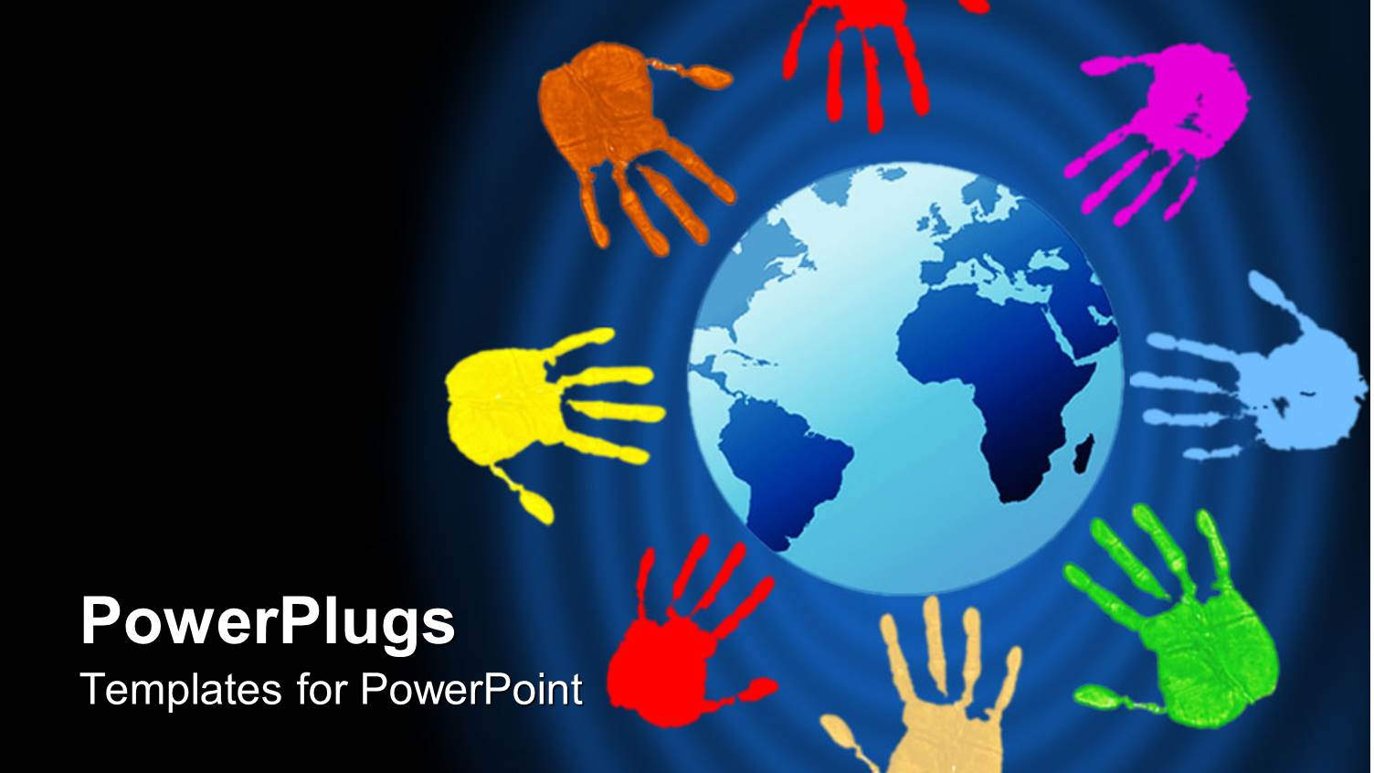 Painted Hand Prints in Several Colors Arranged Around the World on Blue Background