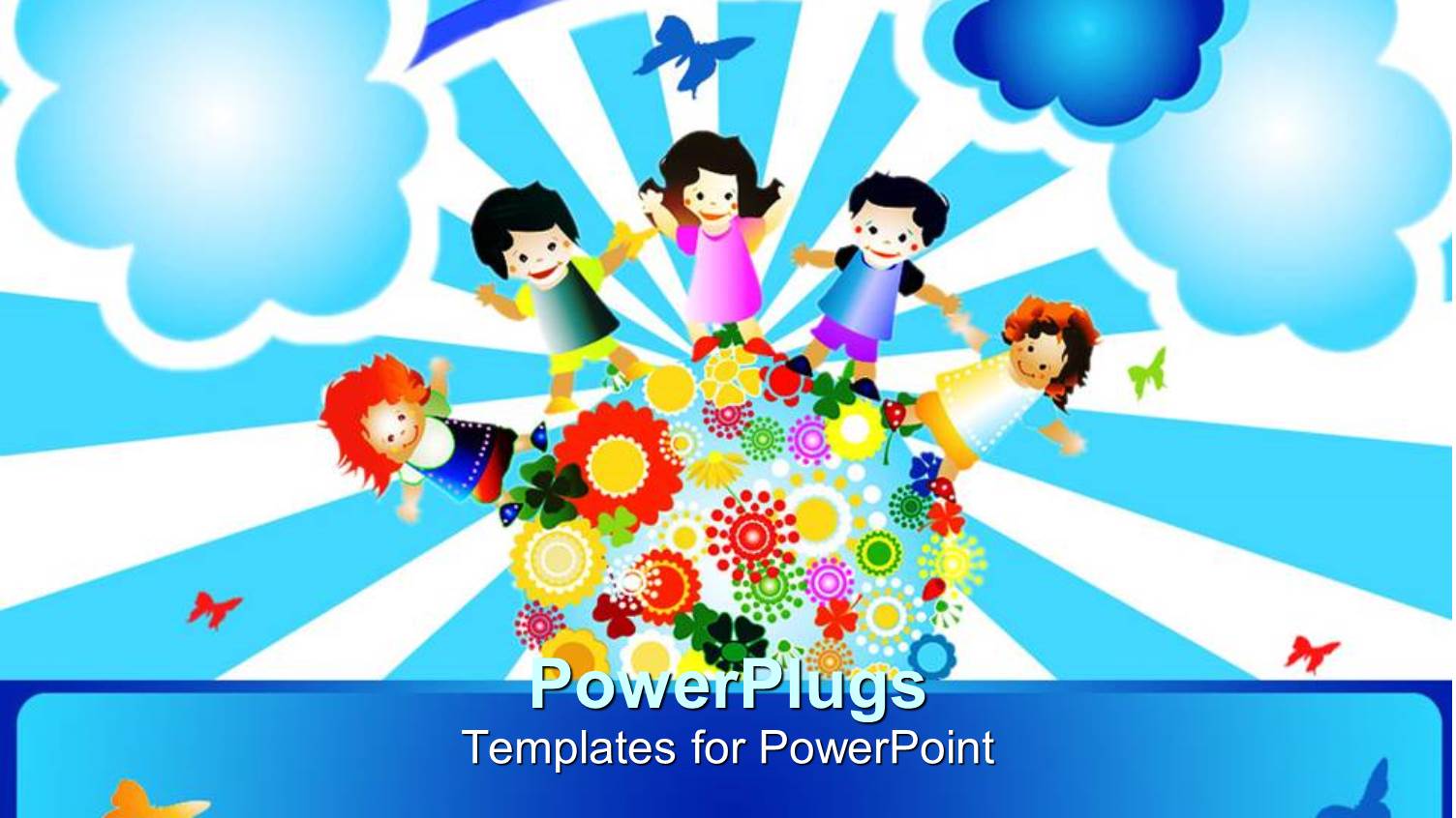 a Painting of Four Happy School Kids Standing on an Earth with Flowers