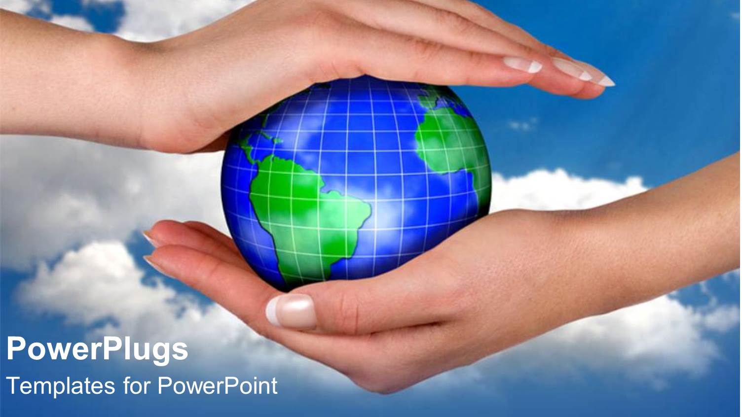 Pair Female Hands Supporting Covering small Green and Blue Globe with White Gridlines on Blue Sky Clouds Background