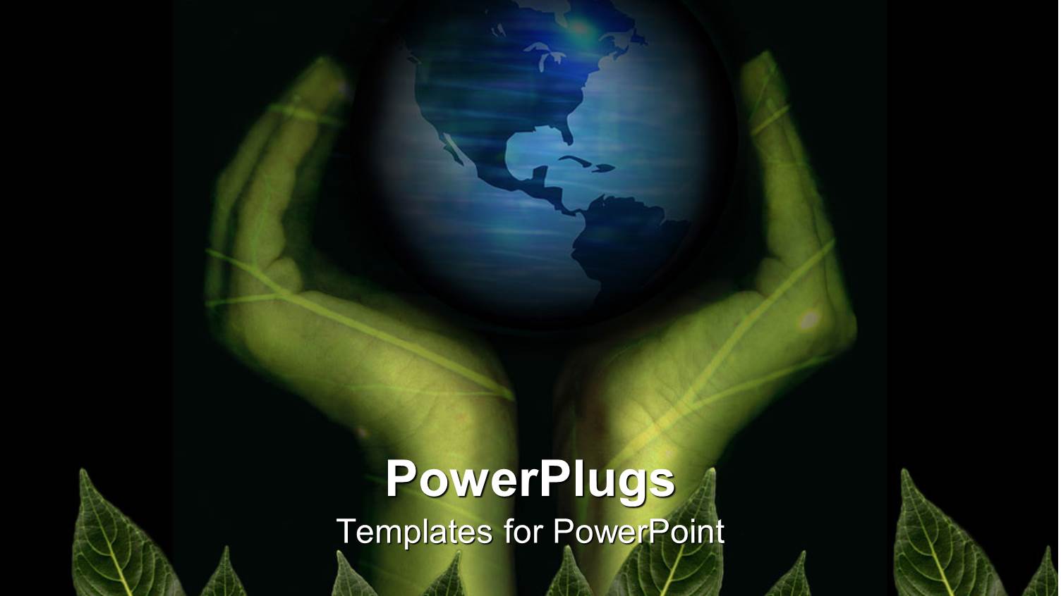 Pair of Green Hands Resting on Leaves Supporting the Planet on Black Background