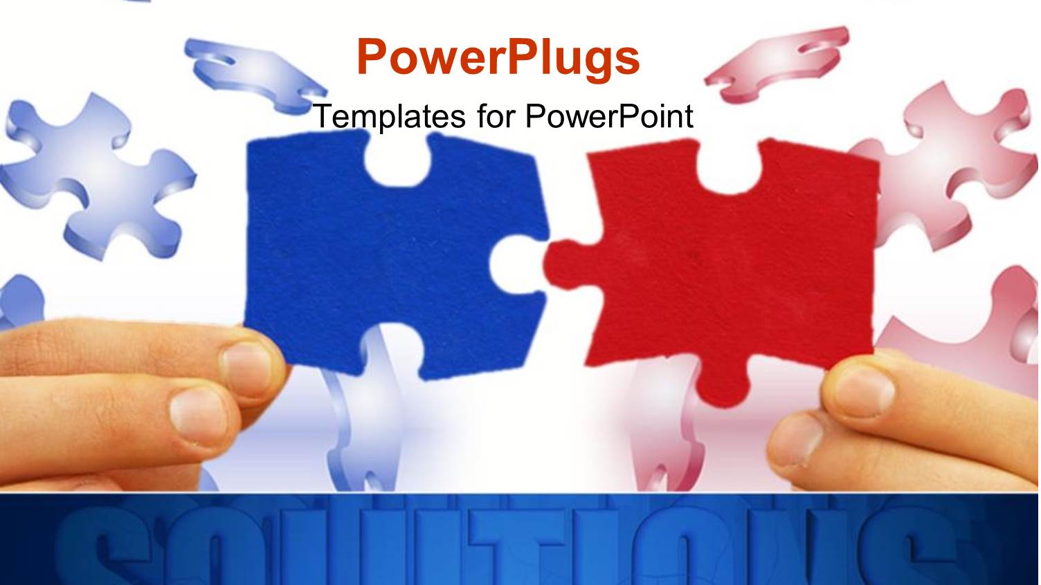 Pair Hands Assembling Bright Blue and Red Jigsaw Puzzle Pieces on White Background