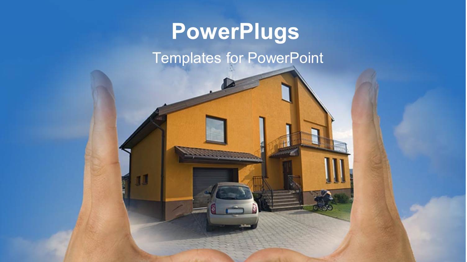 Pair of Hands Framing House with Blue Sky Clouds Background