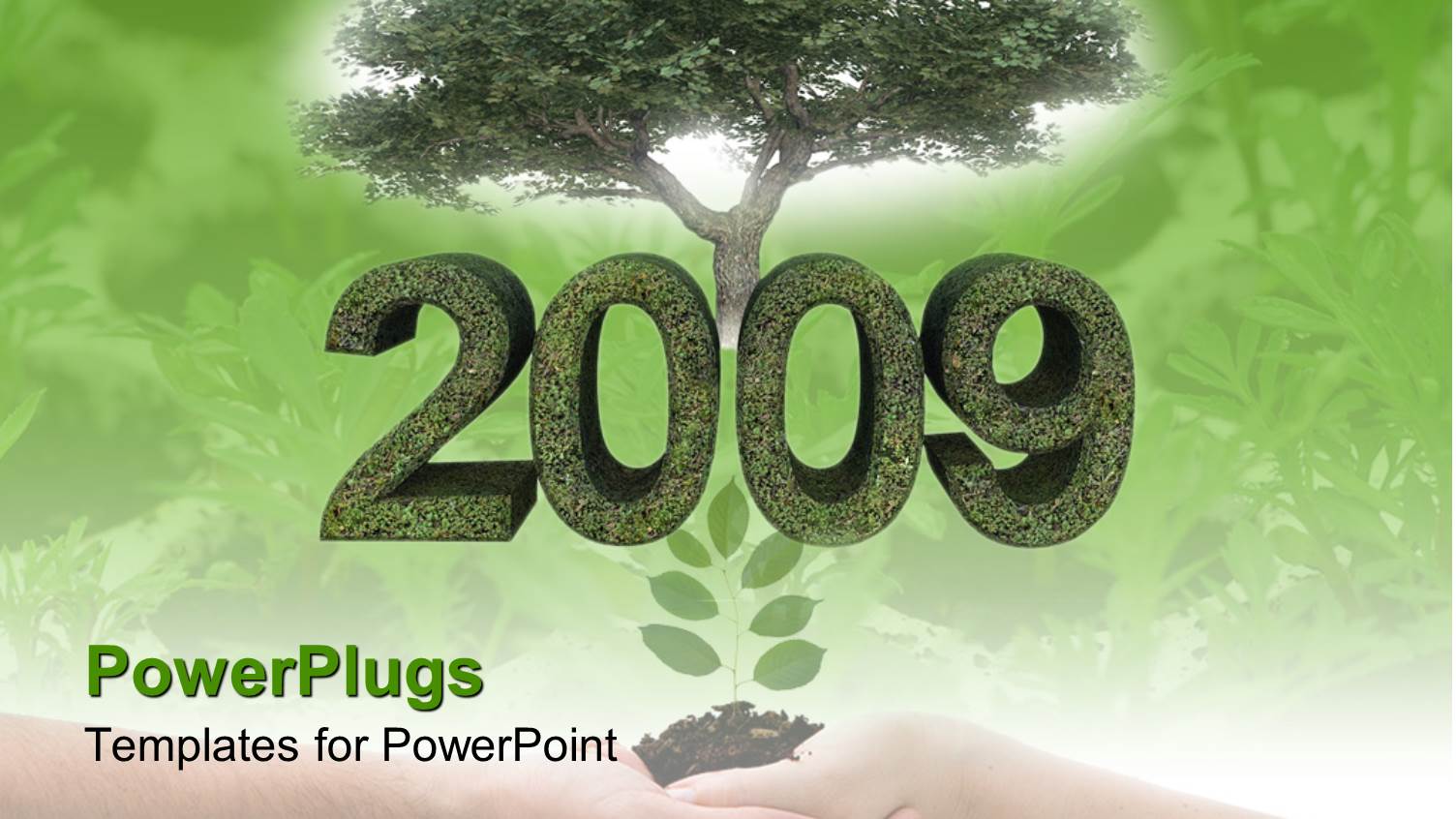 Pair Hands Holding Soil with Seedling Below 2009 and large Shade Tree