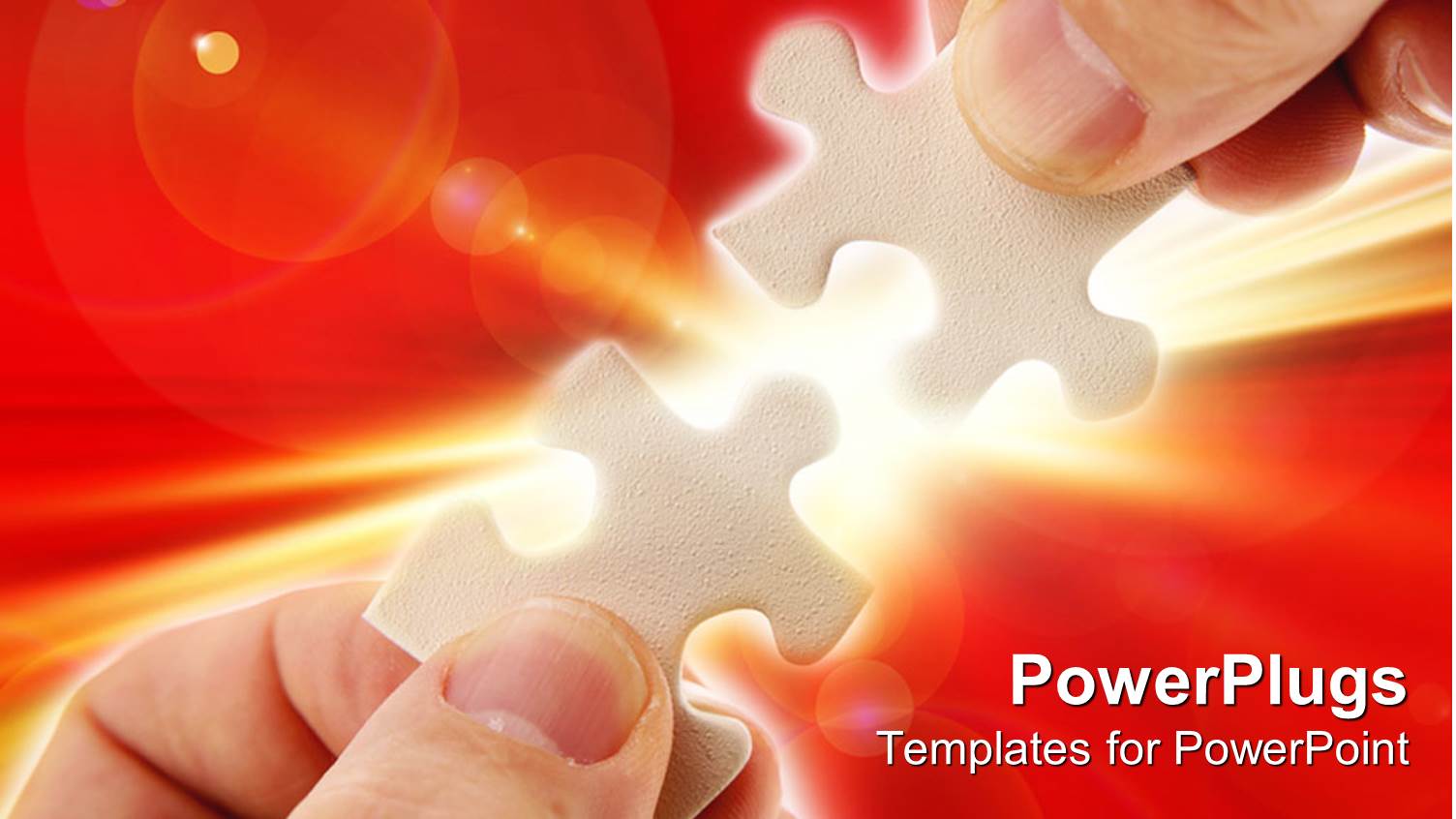 Pair Hands Holding Two White Jigsaw Puzzle Pieces on Red Background