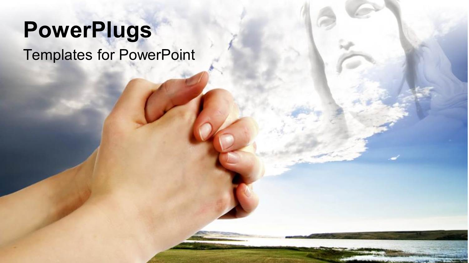 Pair of Hands in a Praying Position Set Against Jesus with Beautiful Landscape