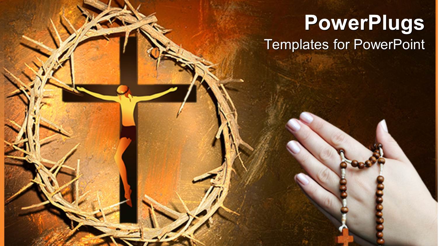 Pair Praying Hands Holding Rosary Next to Christ on Cross Framed by Thorny Crown