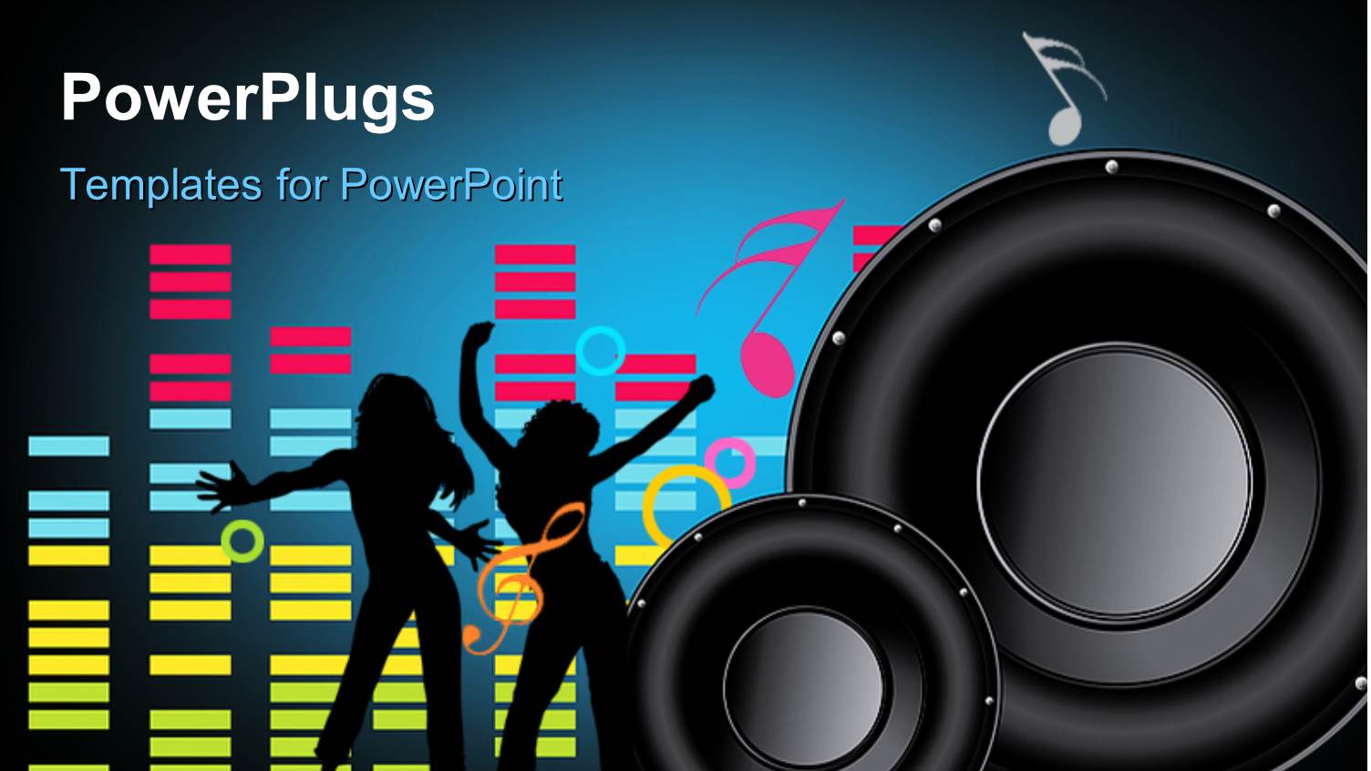 a Pair of Speakers with Two Women Dancing and Music Signs in the Background