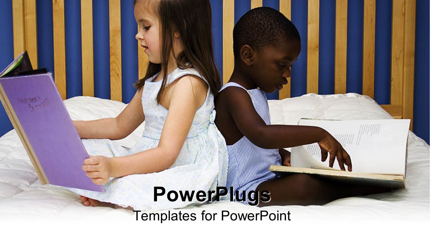 Pale Girl and Dark Skinned Boy Sitting Back to Back on Bed Reading Books