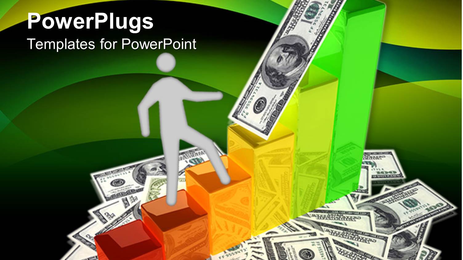 Paper Man Climbing Colorful Bars of Bar Chart on Dollar Bills