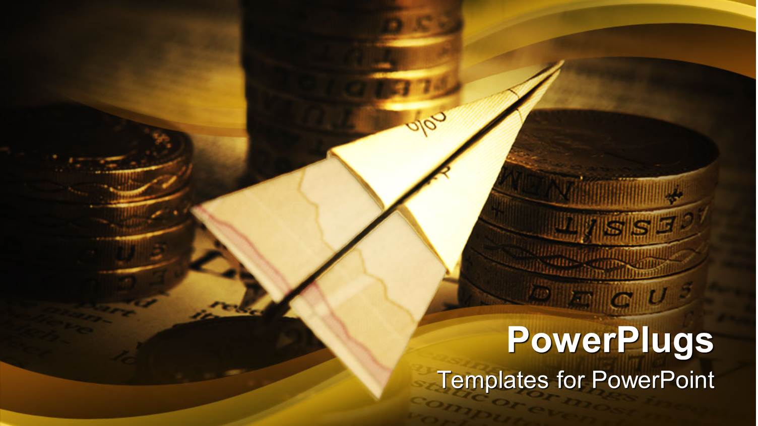 Paper Plane Made of Financial Related Paper with Stacks of Golden Coins