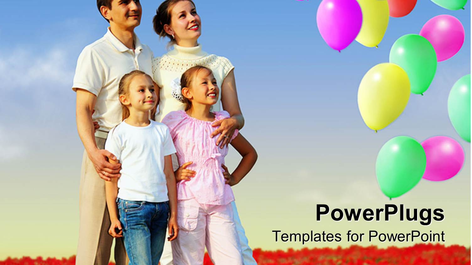 Parent with Two Kids Smile as they Stare at Colorful Balloons